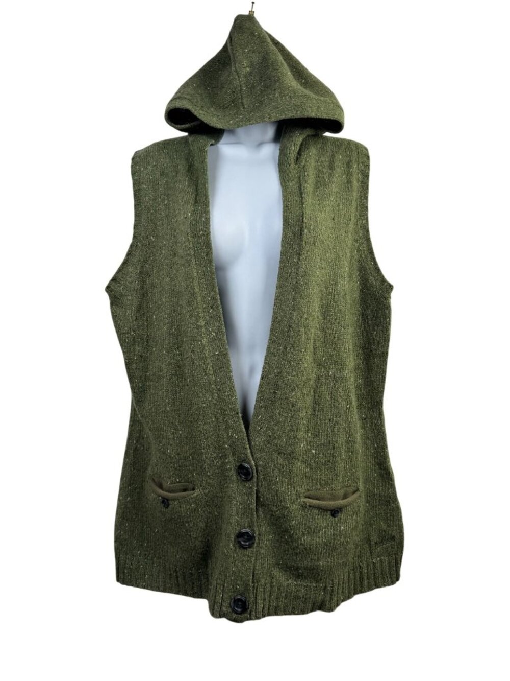 Woolrich Green Knit Hooded Vest cardigan Womens XL Wool Blend Earthy Goblincore
